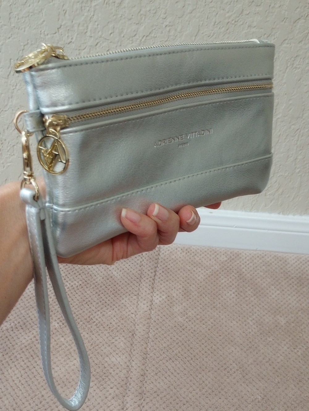 Adrienne Vittadini Metallic Silver Wristlet Clutch with Gold Accents - Picture 6 of 6
